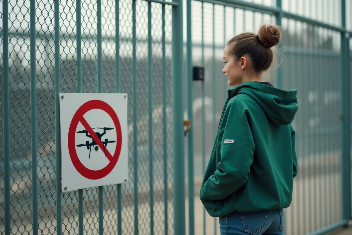 Jeune femme observant un panneau de regulation devant un stade