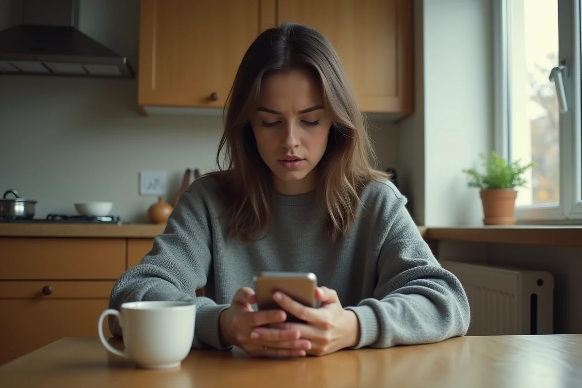 Femme seule consultant son téléphone avec une expression hésitante, illustrant la surveillance des réseaux sociaux après une rupture