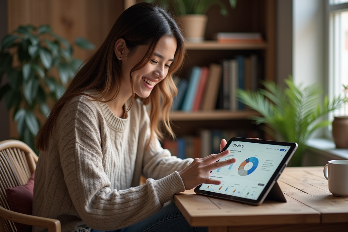 Femme souriante utilisant une tablette pour naviguer une API
