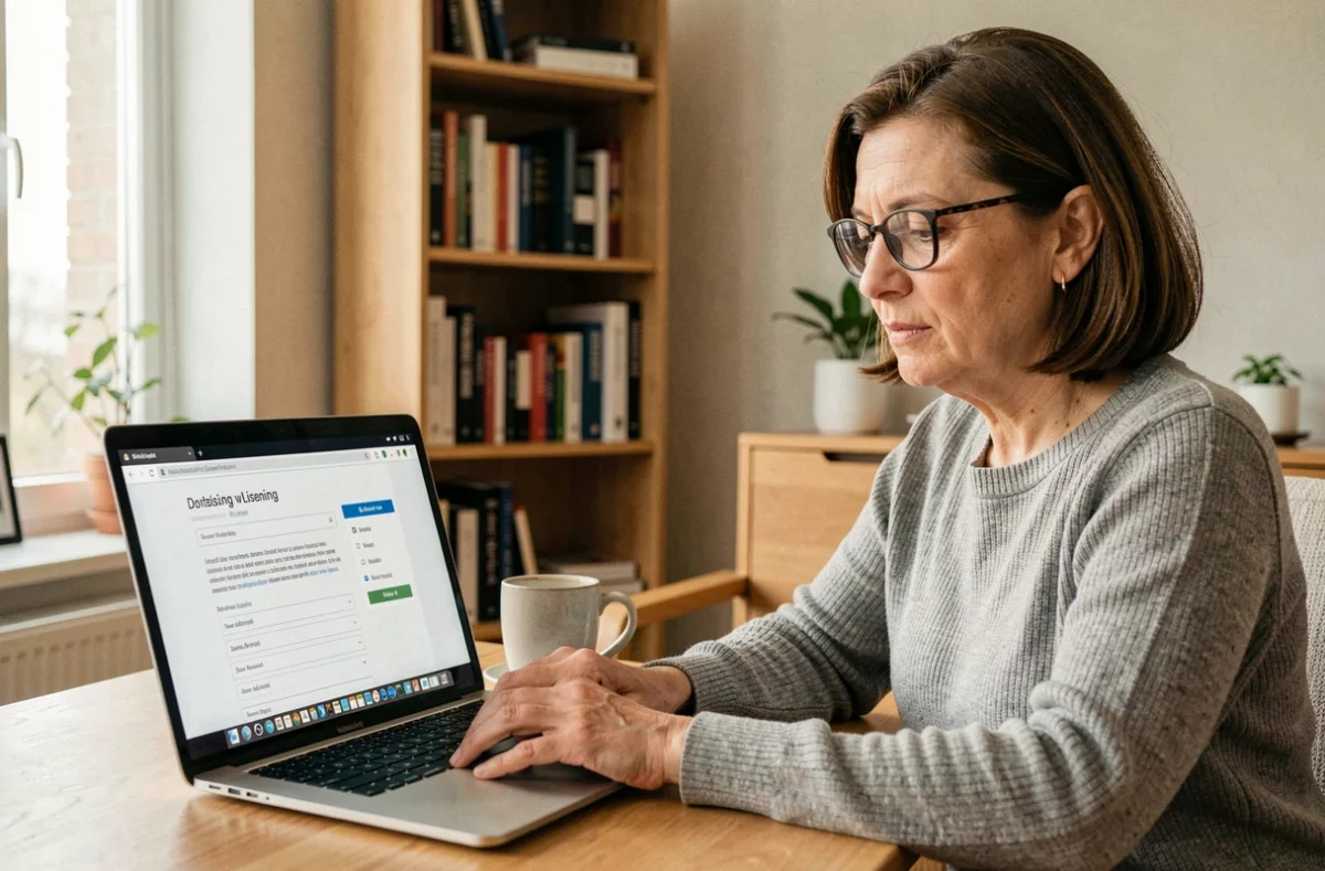 Femme avec lunettes cherchant une alternative légale pour télécharger Windows 7 sur son ordinateur portable