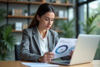 Jeune femme analysant des graphiques colorés au bureau