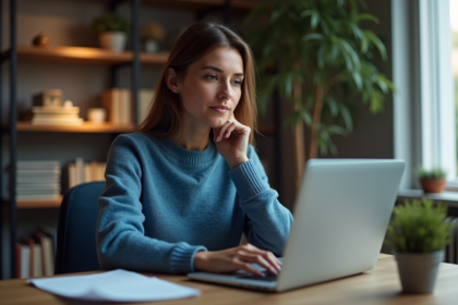 Femme concentrée travaillant sur son ordinateur dans un bureau à domicile
