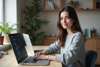 Jeune femme au bureau avec deux ordinateurs portables