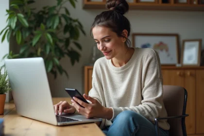 Femme assise à son bureau à la maison utilisant son smartphone