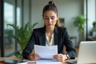Femme professionnelle lit un document de politique de confidentialité