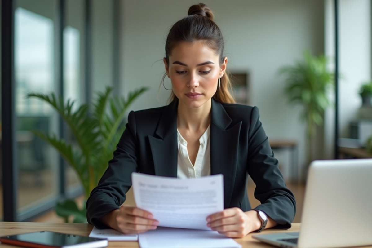 Femme professionnelle lit un document de politique de confidentialité