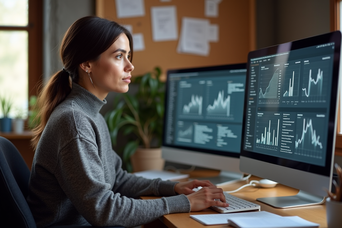 Femme en télétravail analysant des données sur son ordinateur