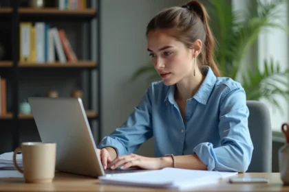 Jeune femme concentrée utilisant Excel dans un bureau moderne
