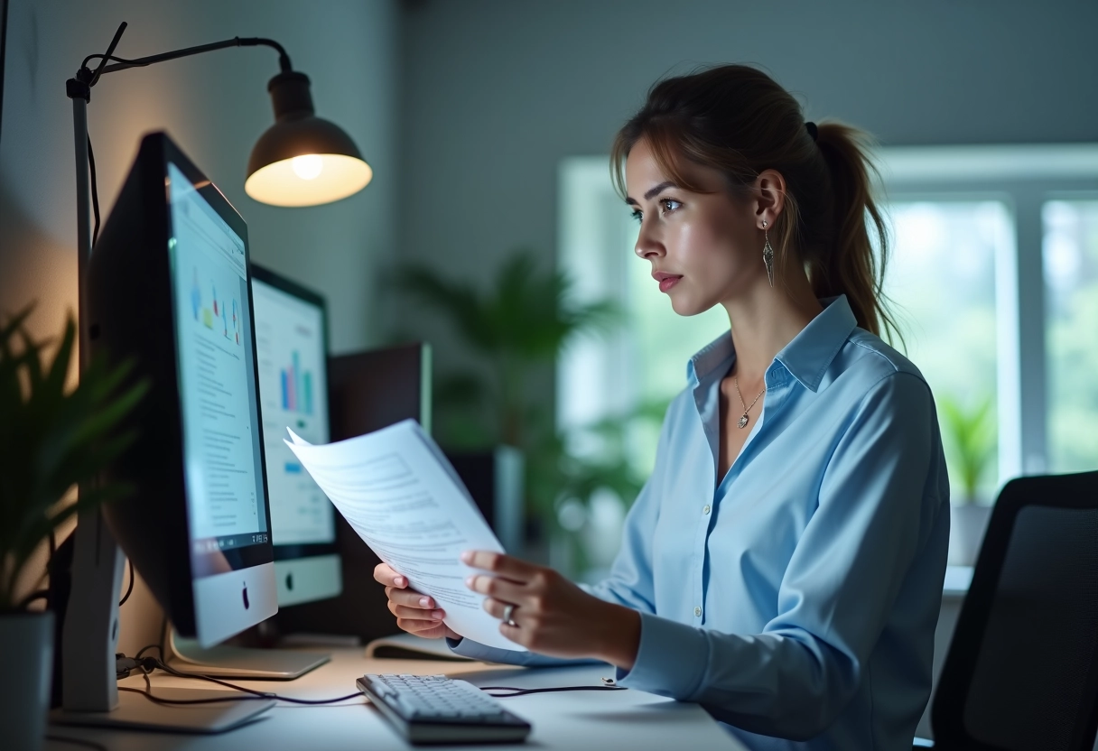 Jeune femme analysant notes de dépannage informatique