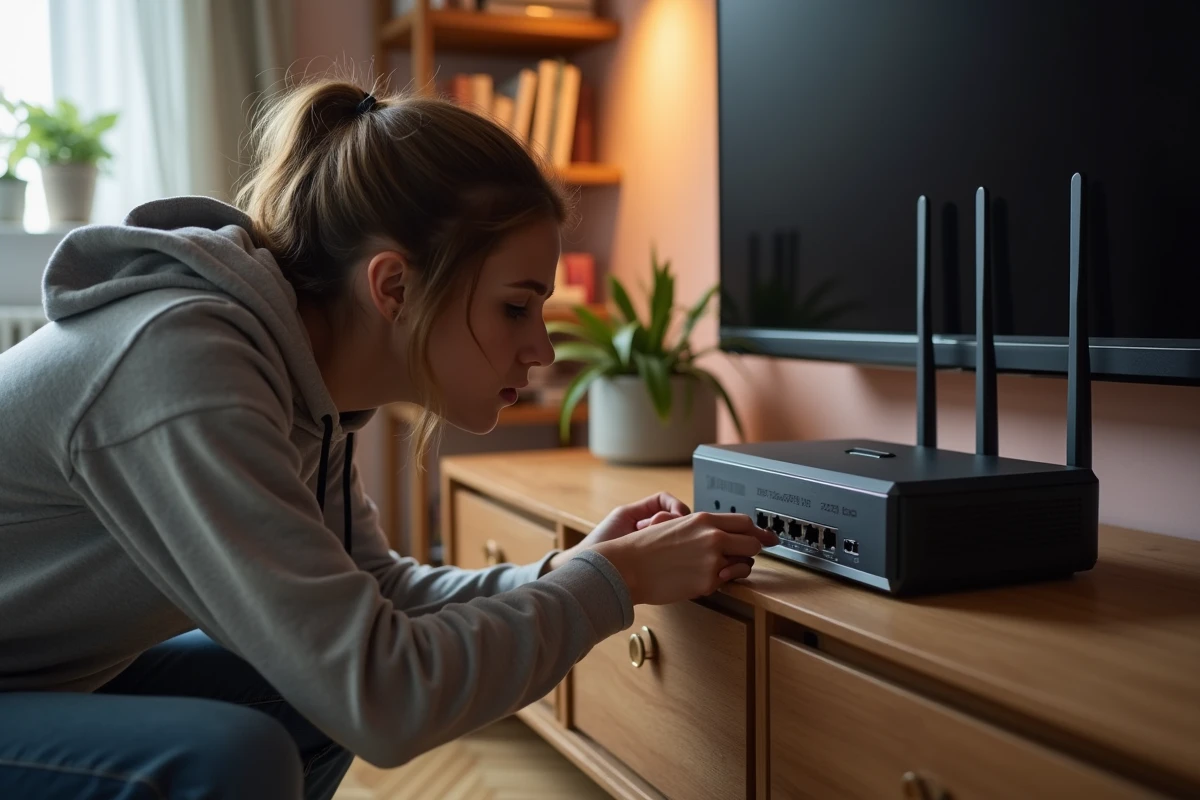 Femme vérifiant l’étiquette du routeur dans un appartement