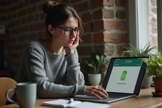 Femme frustrée devant un ordinateur portable affichant une erreur de connexion WhatsApp Web dans un bureau à domicile