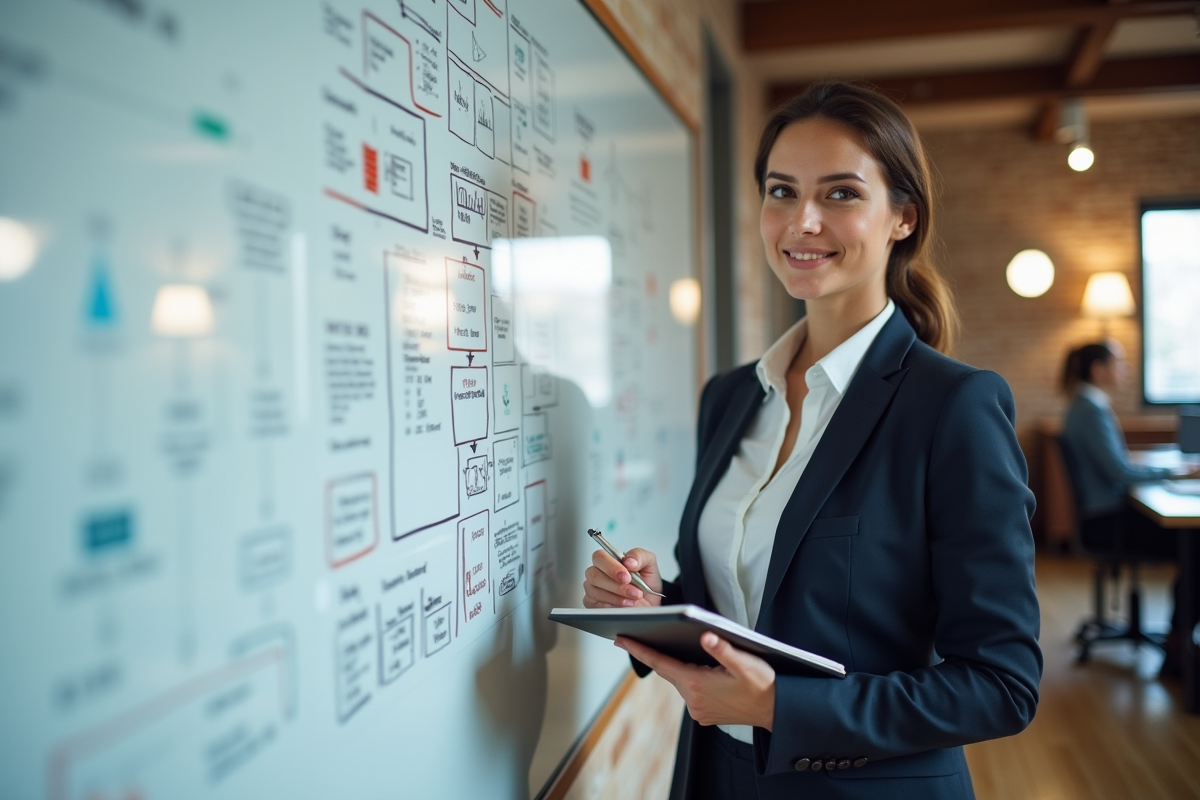 Femme expliquant des diagrammes SEO sur un whiteboard