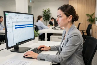 Femme utilisant Excel sur un grand écran de bureau avec des cellules figées visibles dans une feuille de calcul