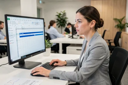 Femme utilisant Excel sur un grand écran de bureau avec des cellules figées visibles dans une feuille de calcul