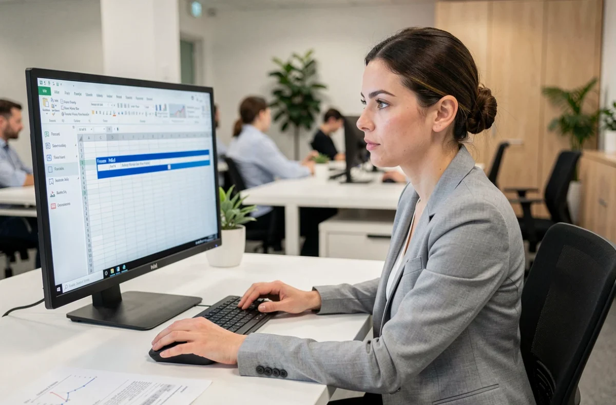 Femme utilisant Excel sur un grand écran de bureau avec des cellules figées visibles dans une feuille de calcul