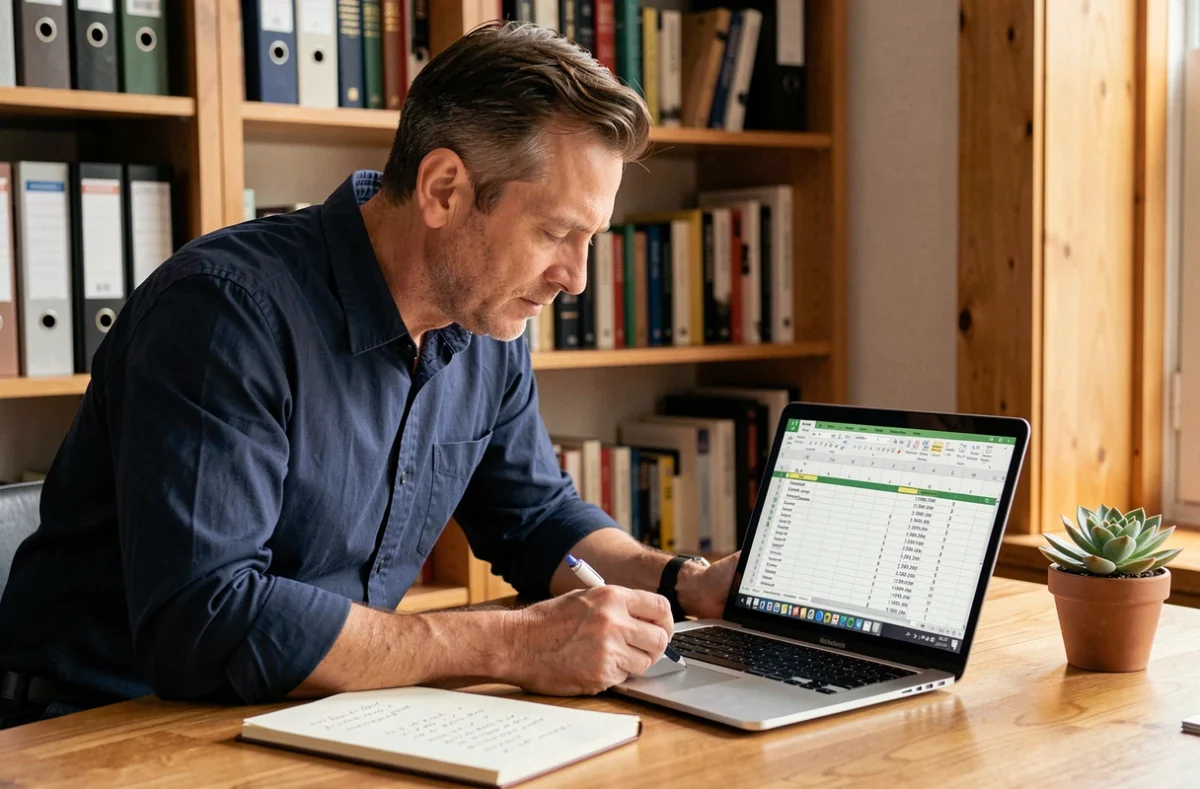 Homme travaillant sur un tableau Excel avec lignes figées affiché sur un laptop dans un bureau à domicile