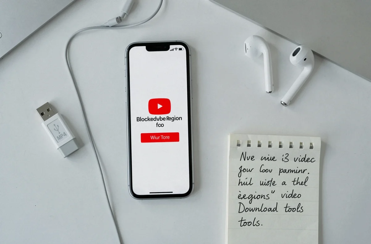 Vue de dessus d'un smartphone avec erreur YouTube bloqué et clé USB MP4 sur un bureau