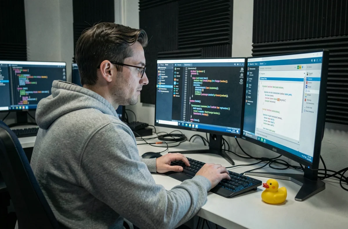 Développeur masculin concentré sur plusieurs écrans de code personnalisé dans un bureau orienté développement sur mesure