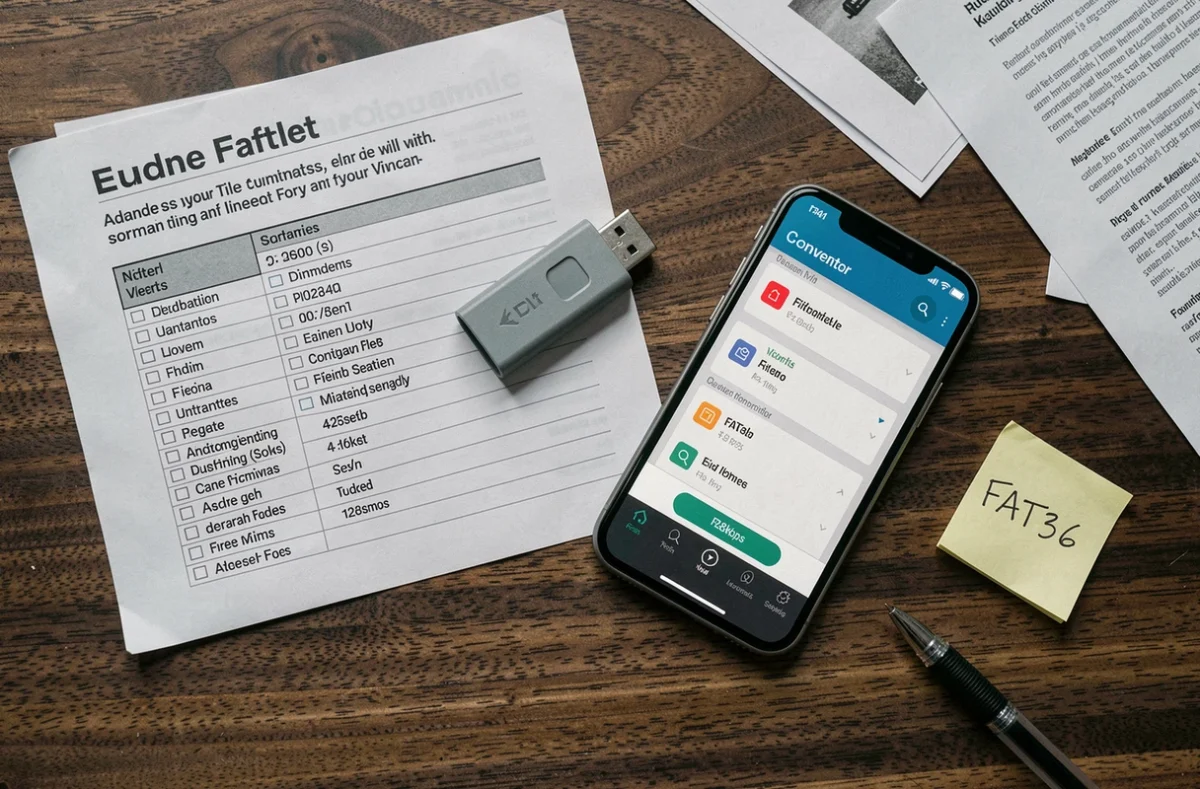 Vue de dessus d'un bureau avec clé USB, checklist des formats audio compatibles autoradio et application de conversion