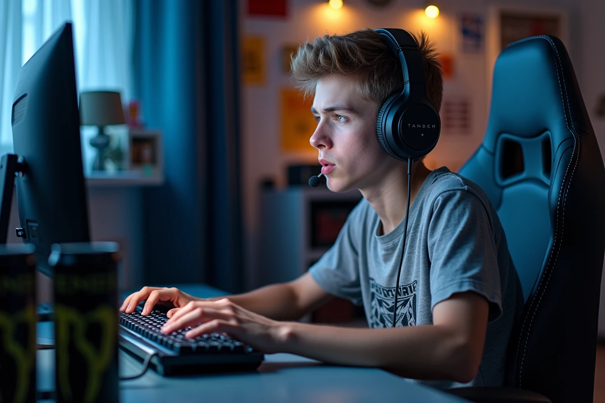 Jeune homme gamer concentré sur son setup gaming