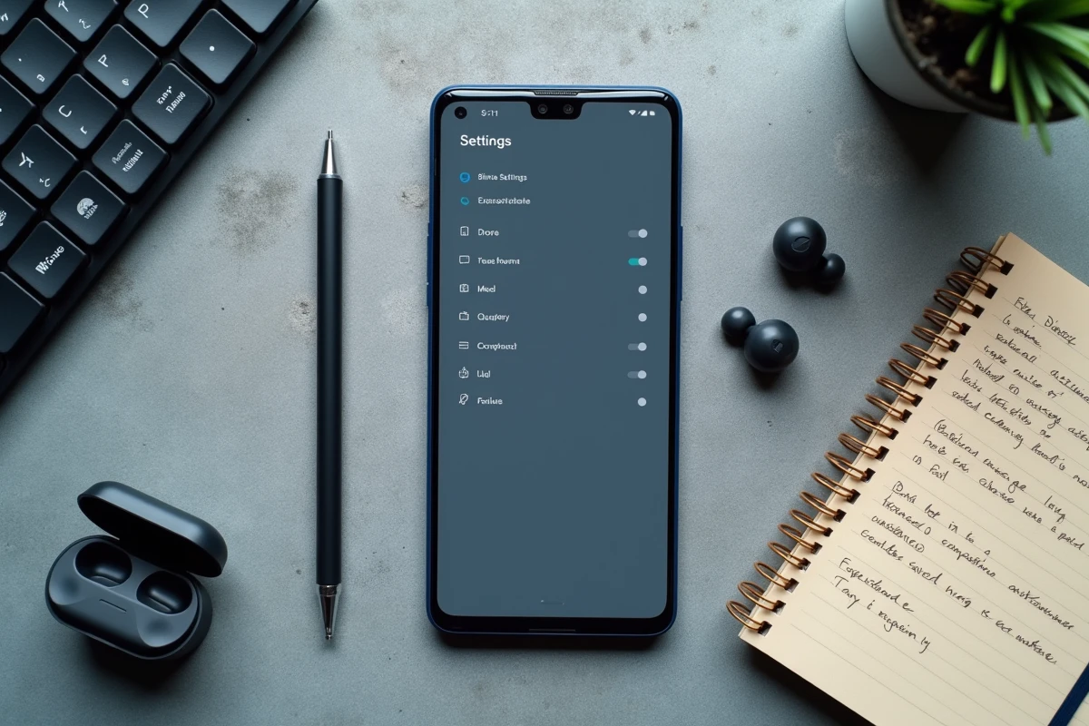Vue à plat du Google Pixel 8 Pro avec ses réglages cachés affichés sur un bureau béton