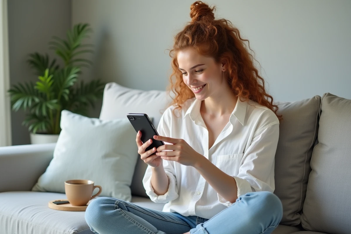 Femme explorant les options développeur du Google Pixel 8 Pro dans un salon moderne