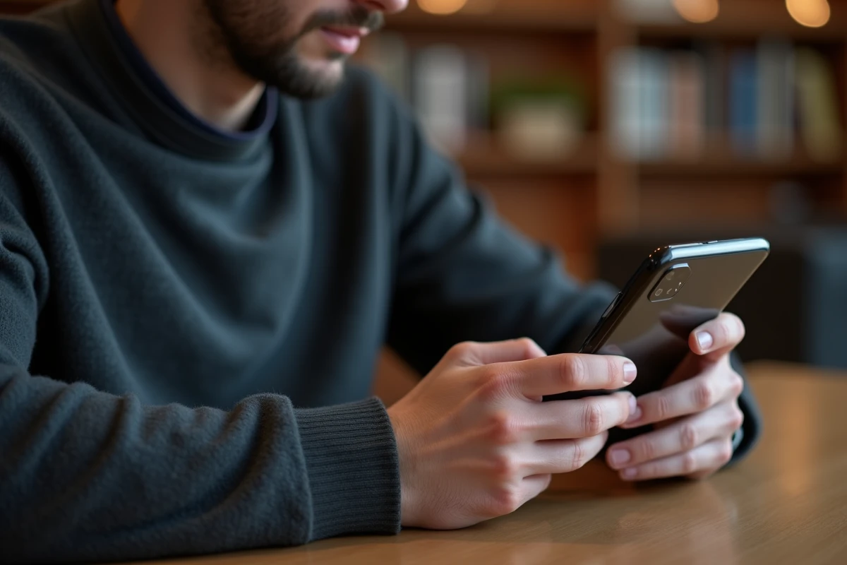 Homme utilisant les réglages avancés du Google Pixel 8 Pro dans un bureau minimaliste