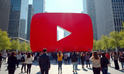 Gros bouton YouTube rouge dans une place urbaine animée