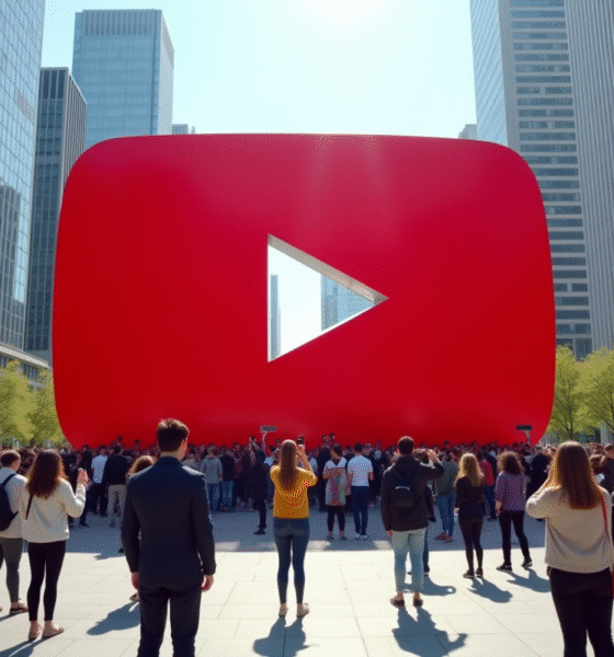 Gros bouton YouTube rouge dans une place urbaine animée