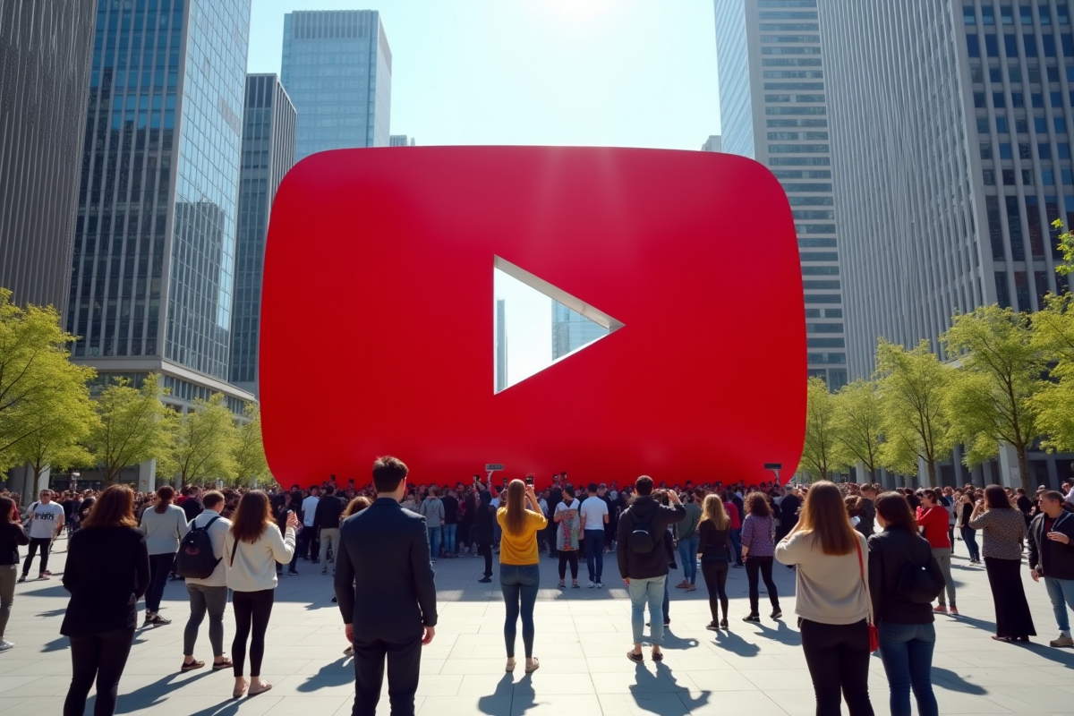 Gros bouton YouTube rouge dans une place urbaine animée