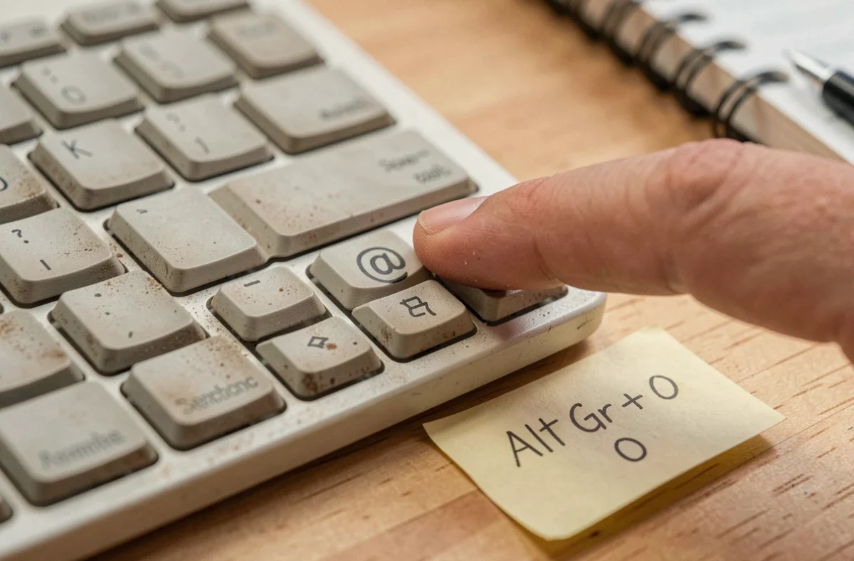 Gros plan sur la touche arobase d'un clavier AZERTY français avec une note indiquant le raccourci clavier