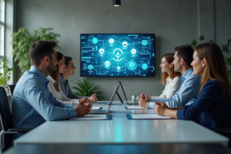 Groupe de professionnels en réunion dans un bureau moderne