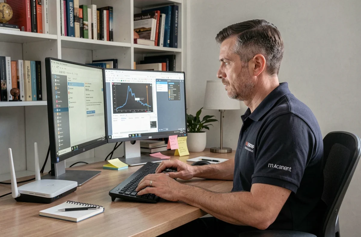 Technicien Help Micro assurant le support informatique à distance depuis un bureau professionnel