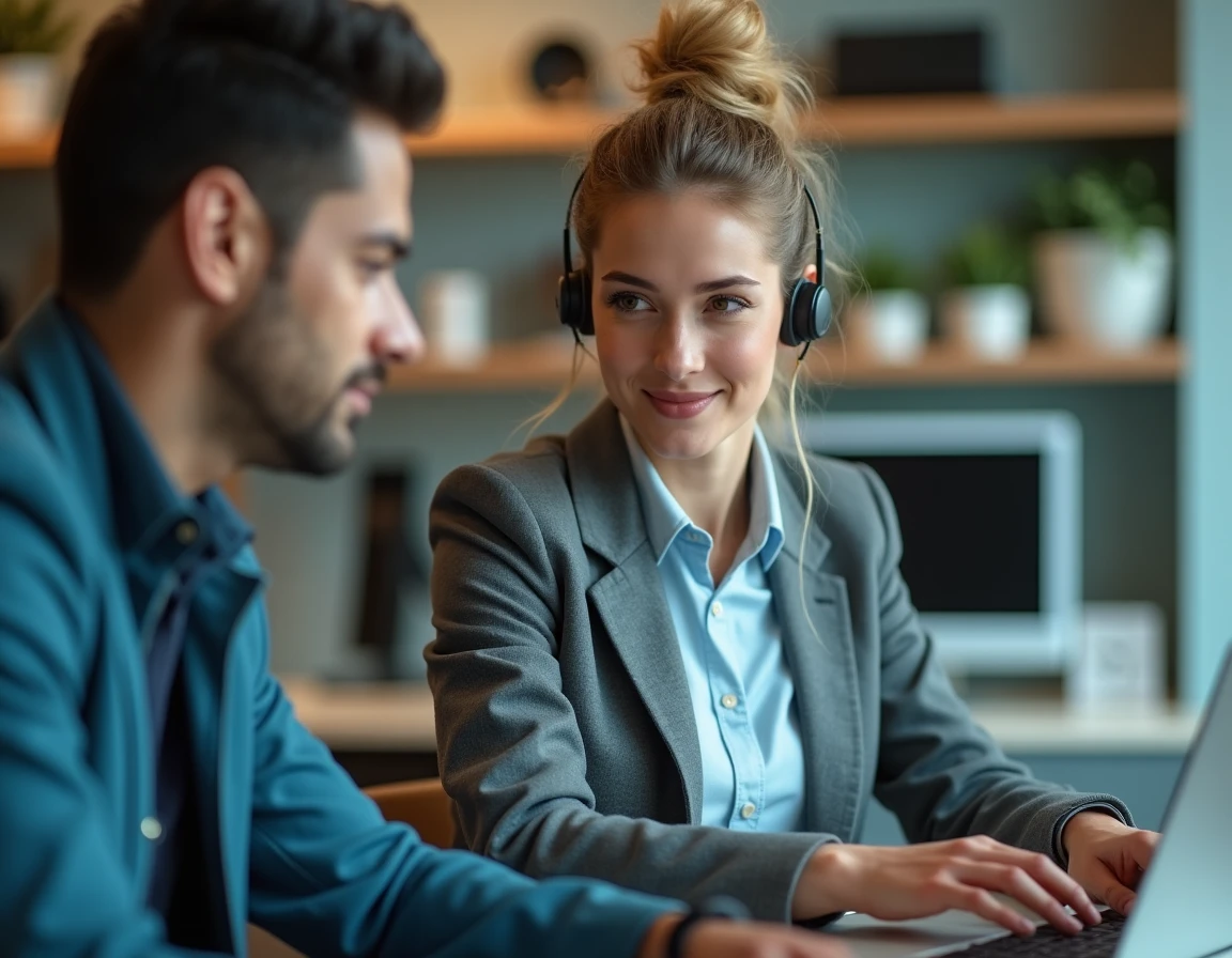 Technicienne Help-Tech conseillant un client dans une boutique informatique du Val-de-Marne