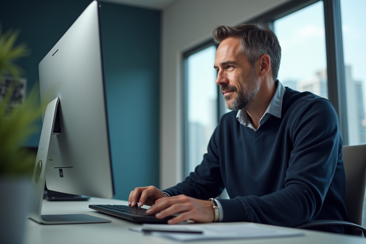 Homme d'âge moyen travaillant sur un ordinateur moderne