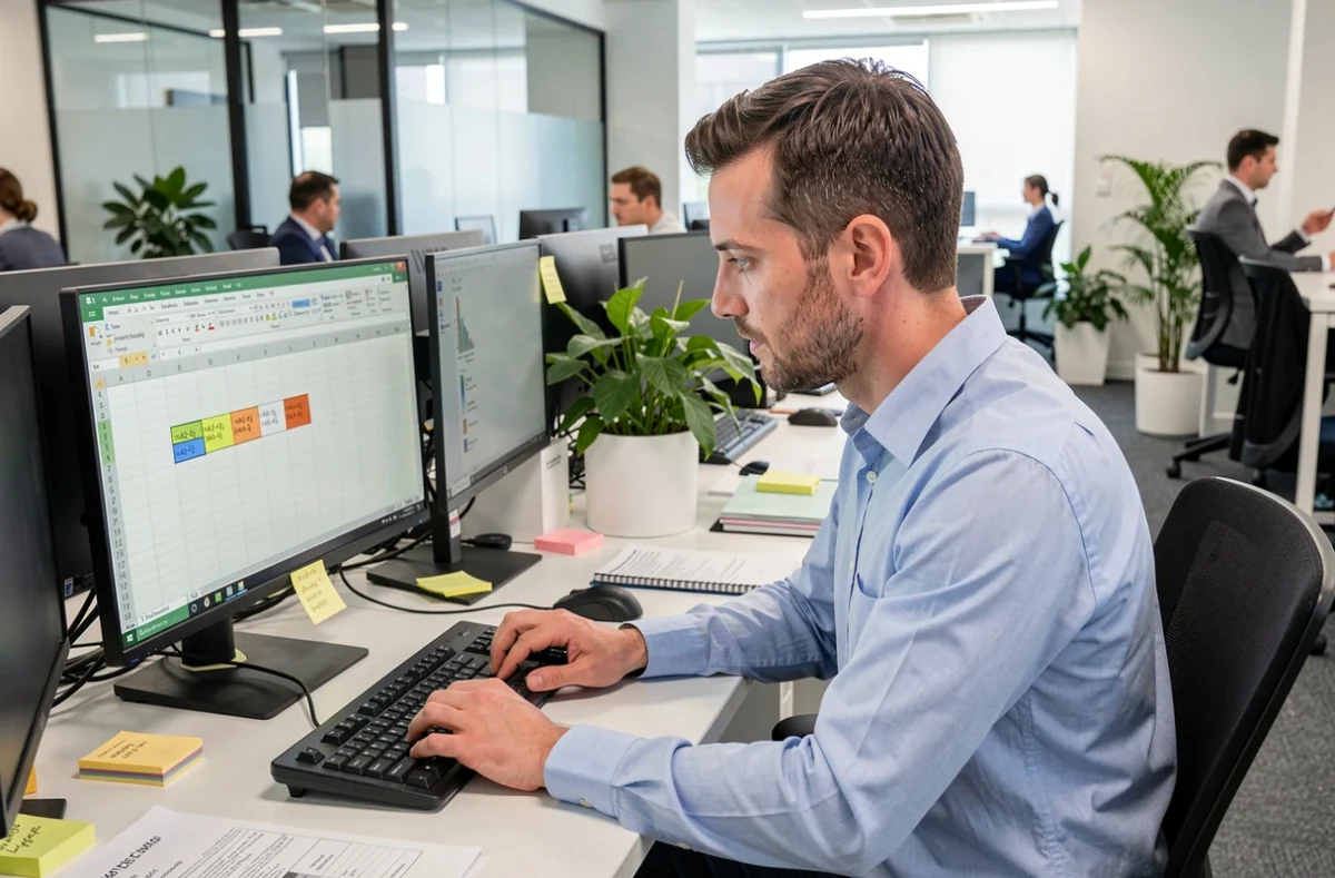 Homme en entreprise utilisant des formules de soustraction dans Excel sur un poste de travail double écran