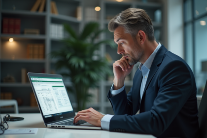 Homme d affaires concentré sur son ordinateur avec un cadenas
