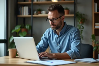 Homme pensif au bureau avec ordinateur et notes