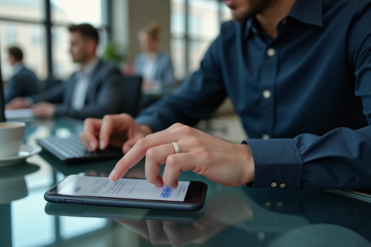 Homme au bureau utilisant un smartphone Android avec l'application presse-papier ouverte sur l'écran