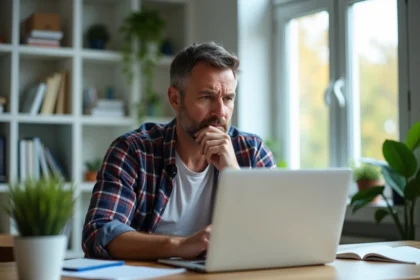 Homme d'âge moyen au bureau avec expression préoccupée