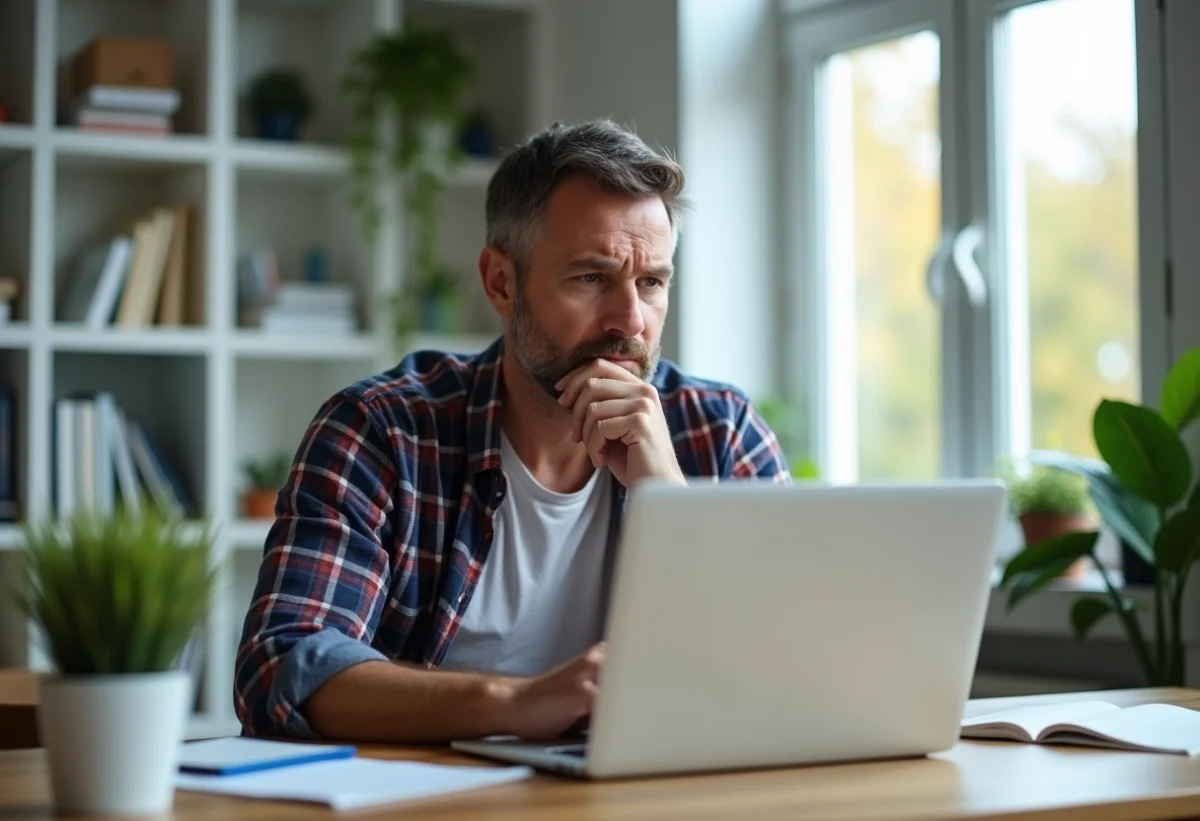 Homme d'âge moyen au bureau avec expression préoccupée