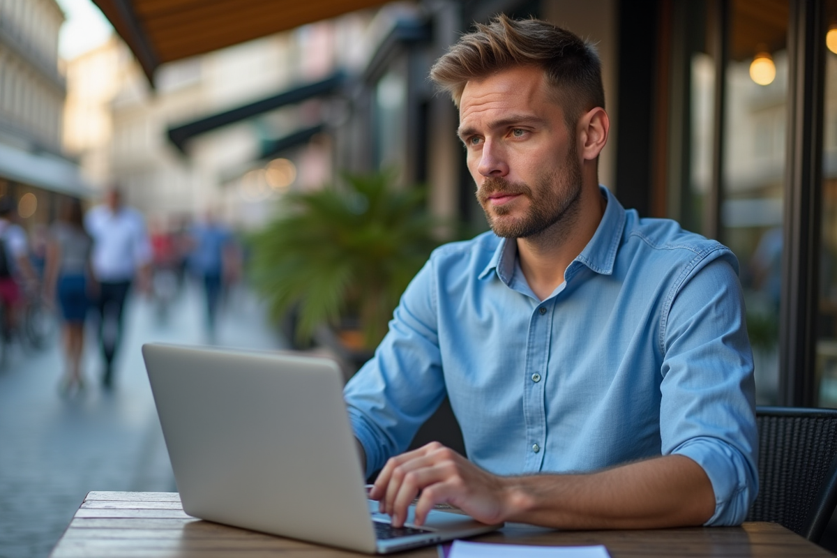 Homme en terrasse de café regardant son ordinateur portable