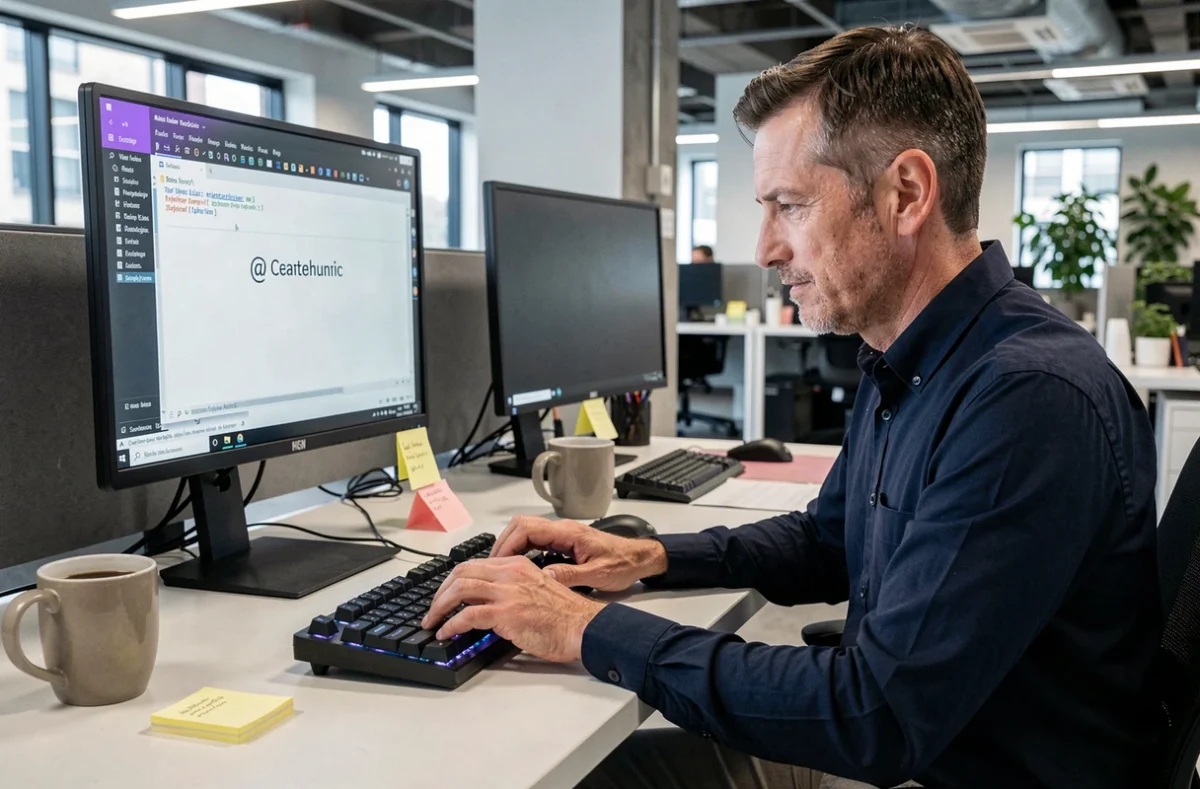 Homme utilisant un clavier mécanique pour saisir l'arobase sur un ordinateur de bureau en open space