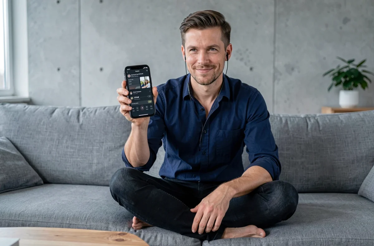 Homme comparant des applications de sonneries musicales sur son iPhone dans un salon minimaliste