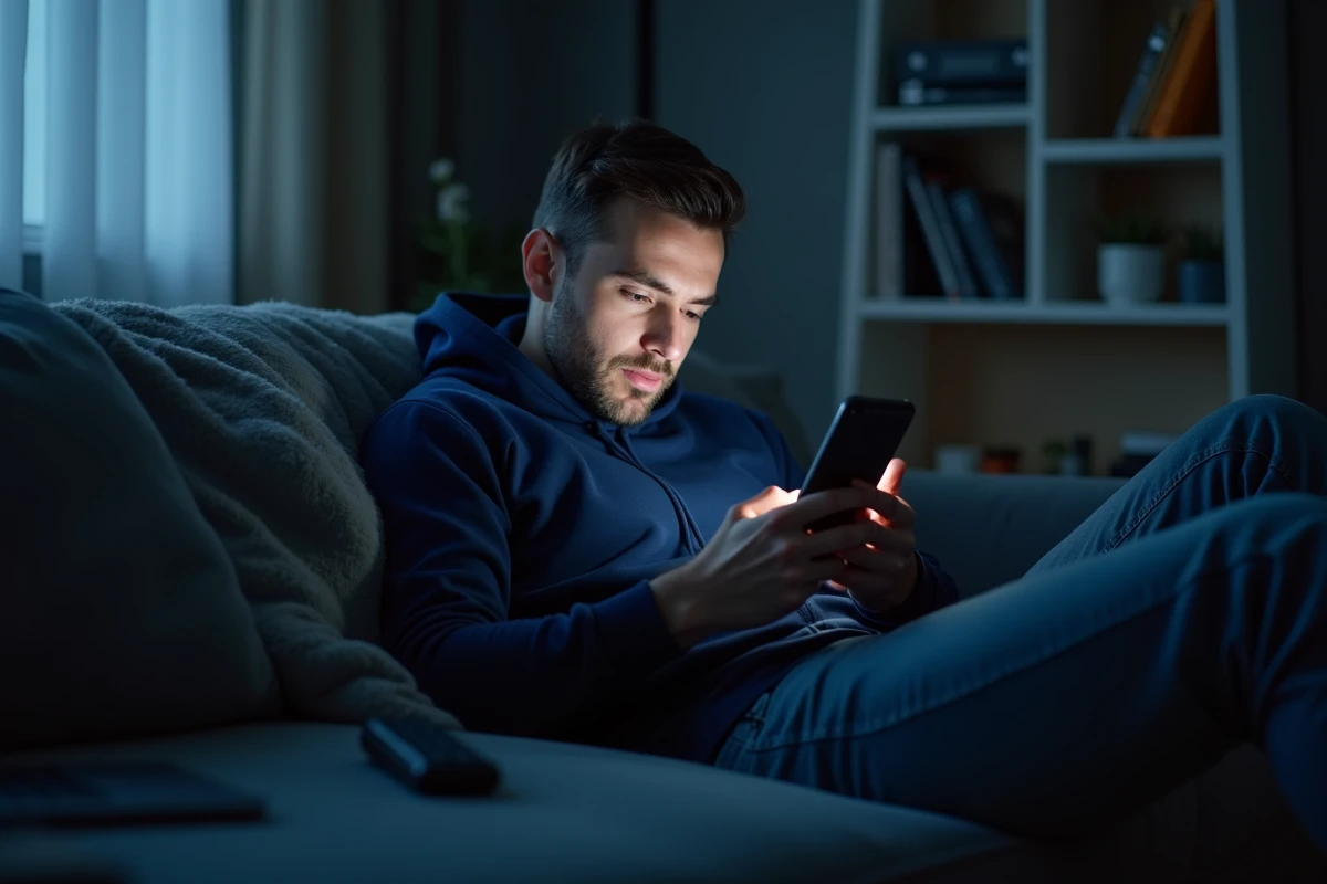 Homme allongé sur un canapé consultant les stories Instagram de son ex sur son téléphone dans un appartement sombre