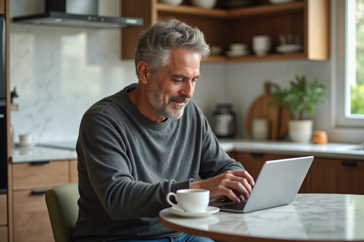 Homme d âge moyen gérant ses emails sur une tablette à la maison