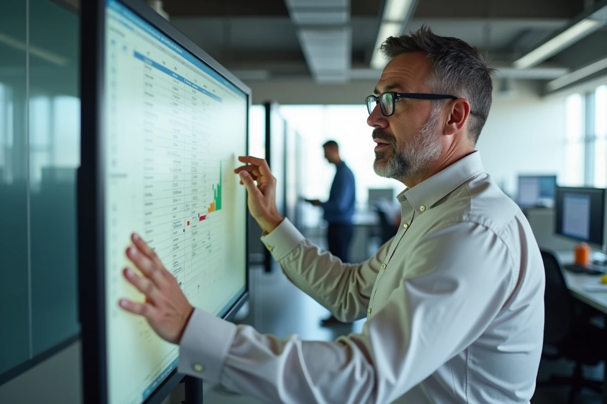 Homme en business casual montrant une feuille Excel à un collègue