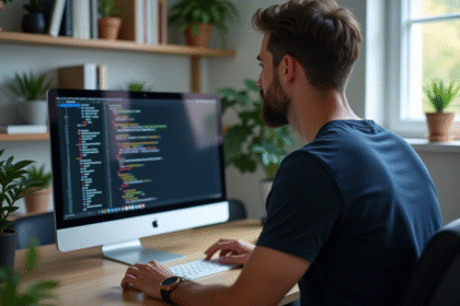 Homme en t-shirt navy regarde du code HTML sur un écran