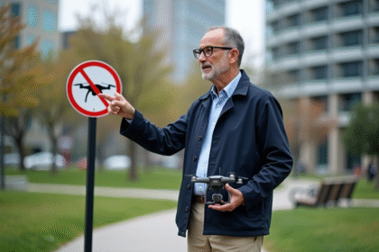 Homme regardant un drone avec panneau d'interdiction dans un parc urbain