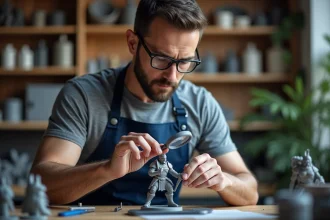 Homme examinant une figurine détaillée imprimée en 3D en résine dans un atelier de fabrication